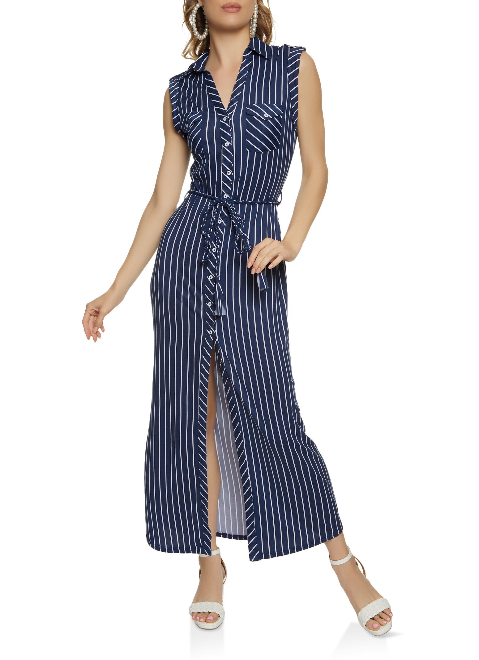 Striped Button Front Tie Waist Maxi Dress sold by Rainbow