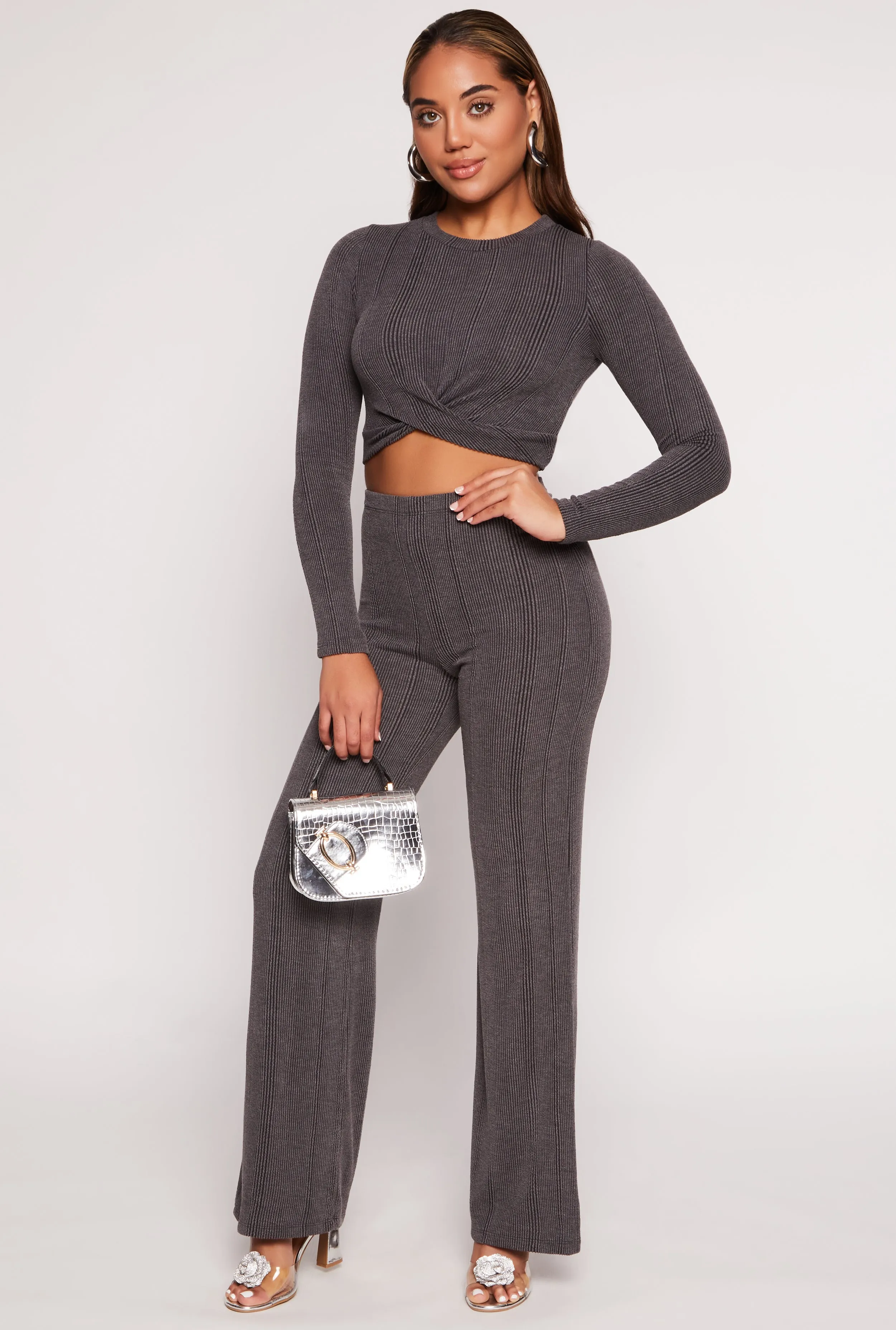 Ribbed Knit Twist Front Long Sleeve Crop Top sold by Rainbow product image thumbnail 2