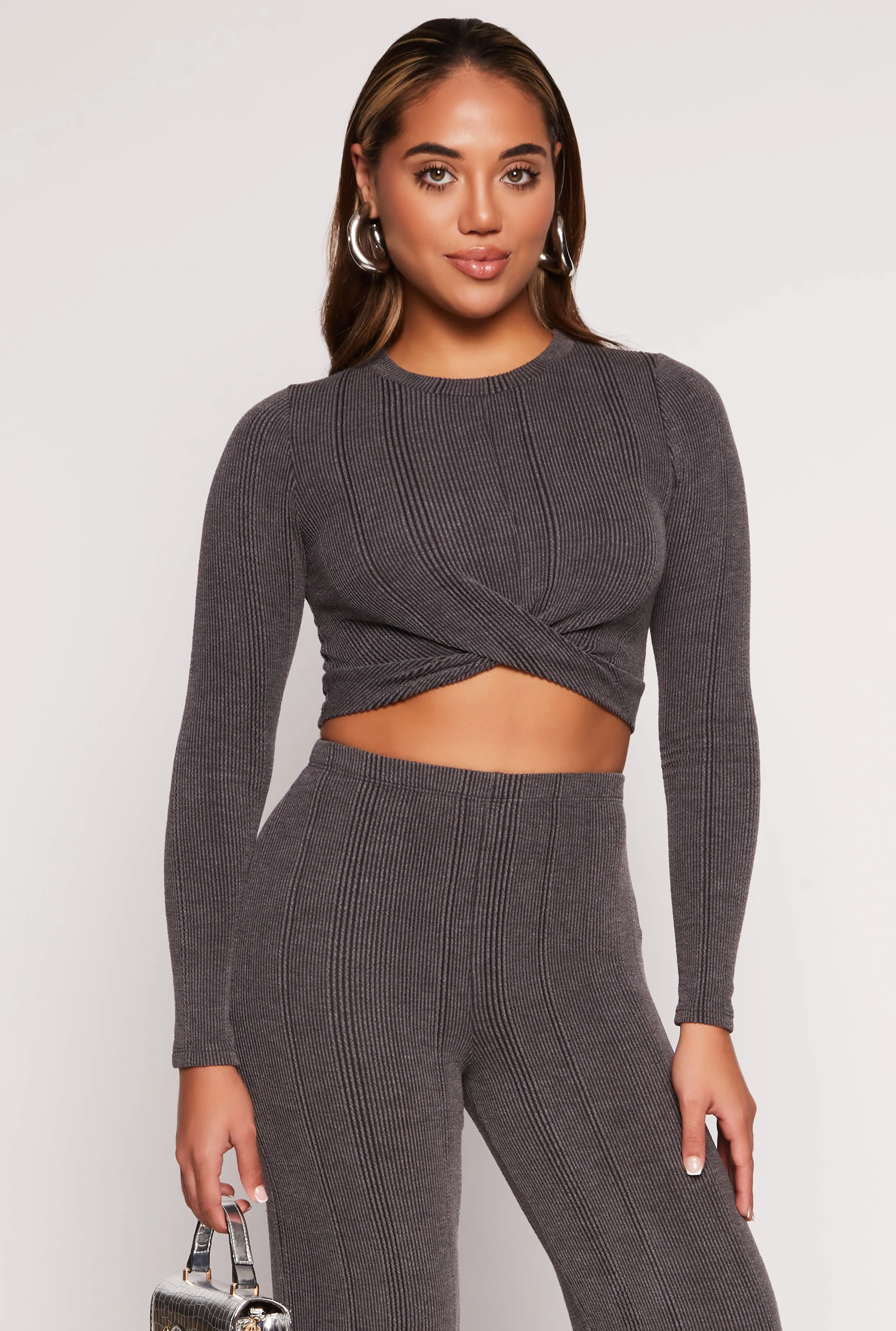 Ribbed Knit Twist Front Long Sleeve Crop Top sold by Rainbow