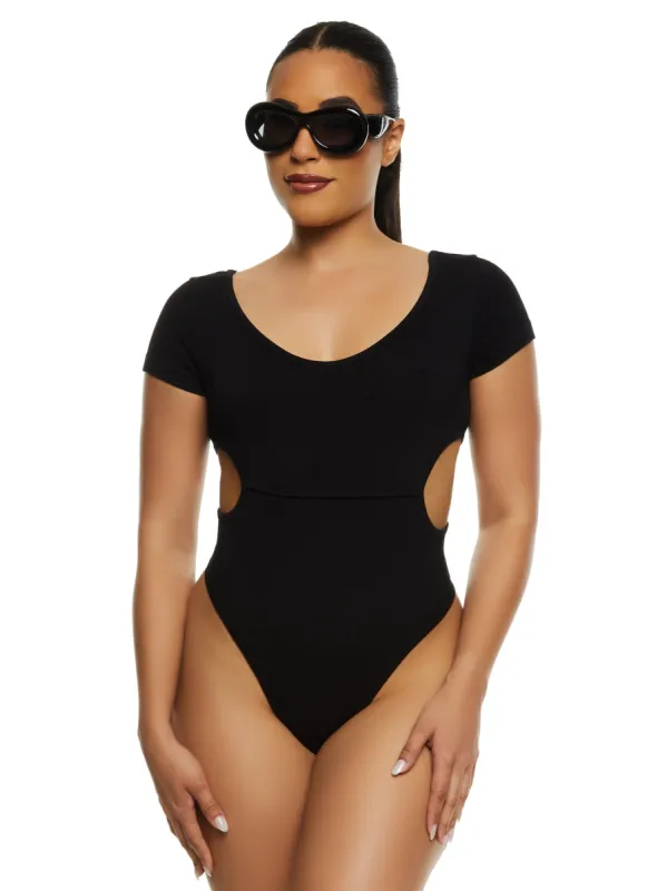 Ribbed Knit Short Sleeve Side Cut Out Bodysuit sold by Rainbow