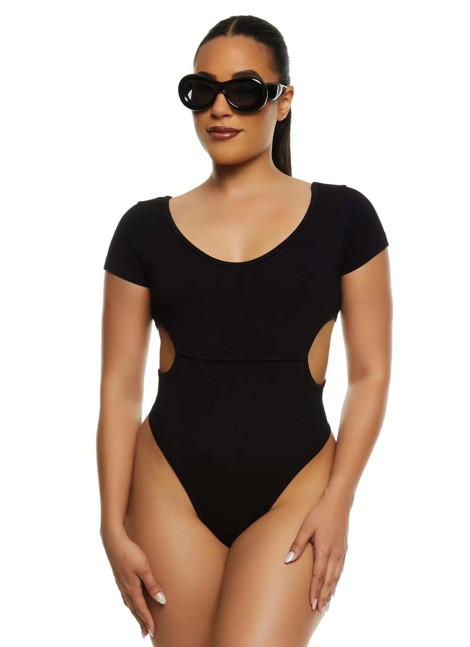 Ribbed Knit Short Sleeve Side Cut Out Bodysuit sold by Rainbow