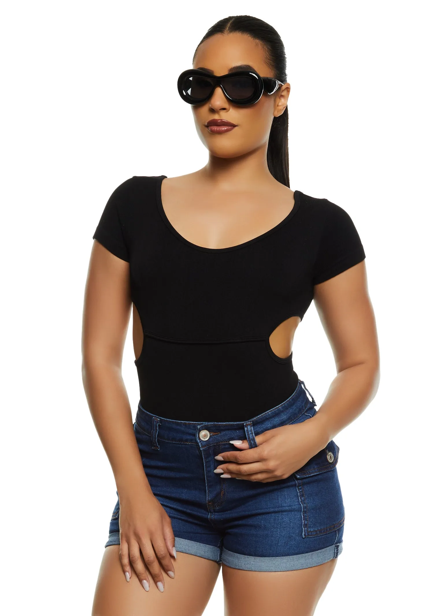 Ribbed Knit Short Sleeve Side Cut Out Bodysuit sold by Rainbow product image thumbnail 2