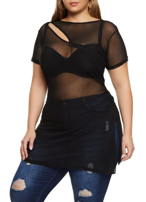 Plus Size Mesh Keyhole Side Slit Tunic Top sold by Rainbow