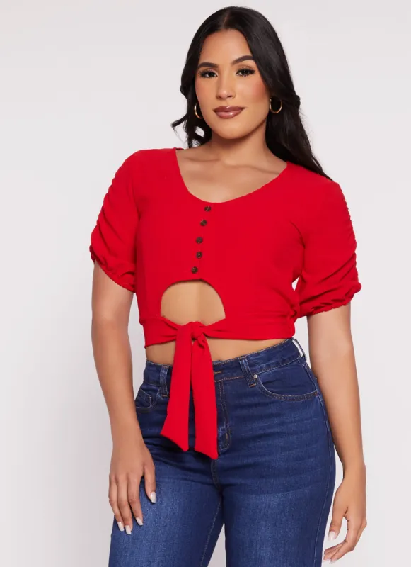Puff Sleeve Cut Out Button Front Top sold by Rainbow