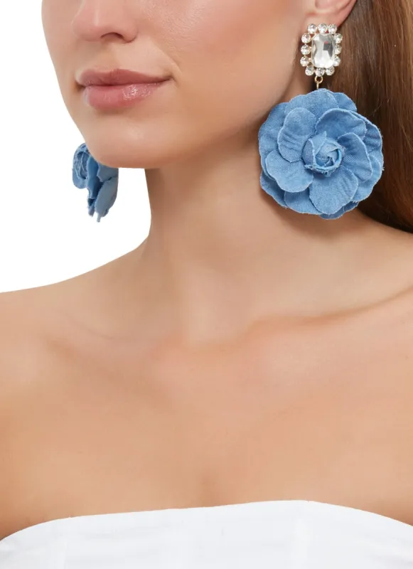 Denim Rose Rhinestone Drop Earrings sold by Rainbow