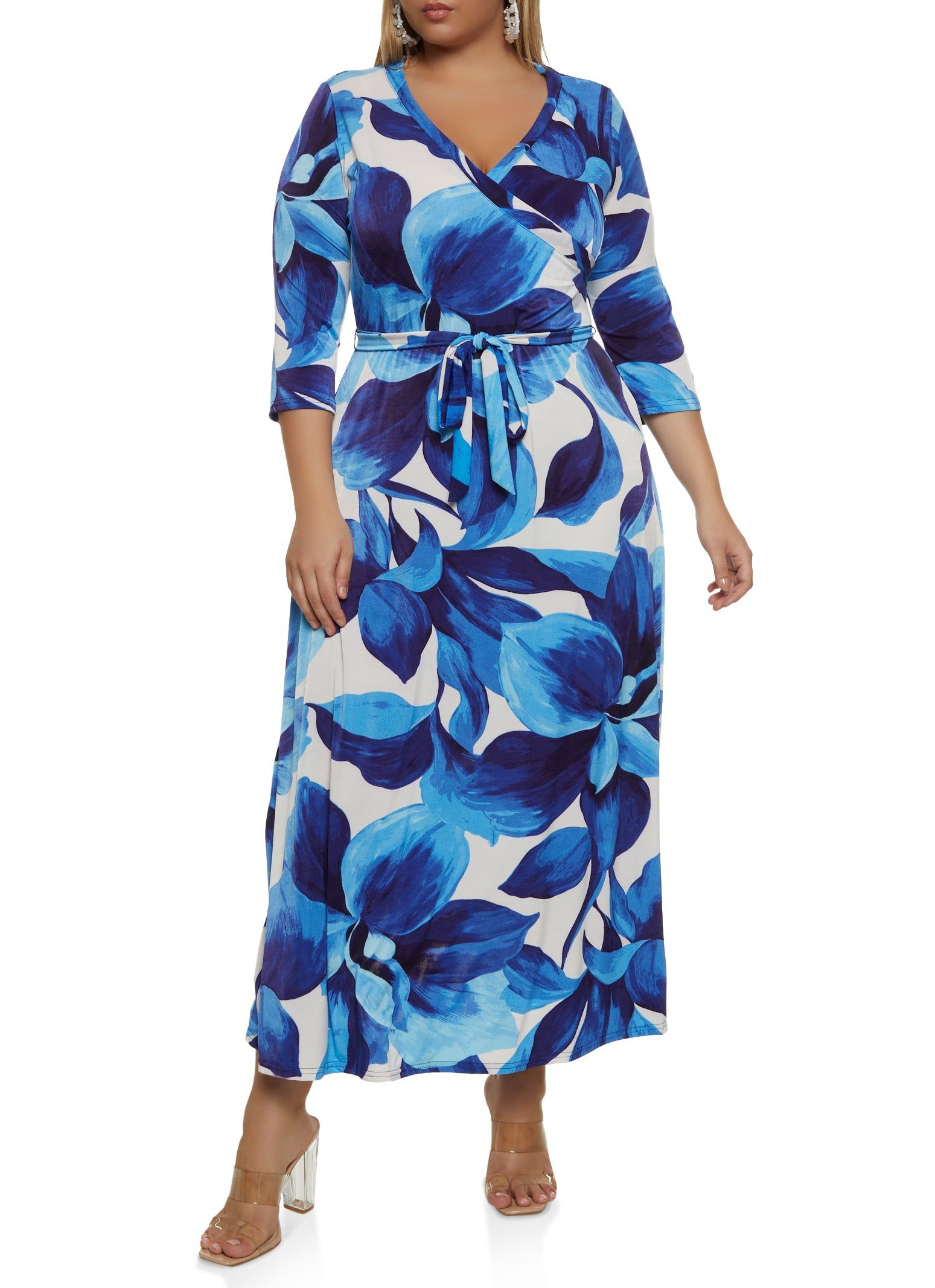 Plus Size Floral Print Belted Faux Wrap Maxi Dress sold by Rainbow