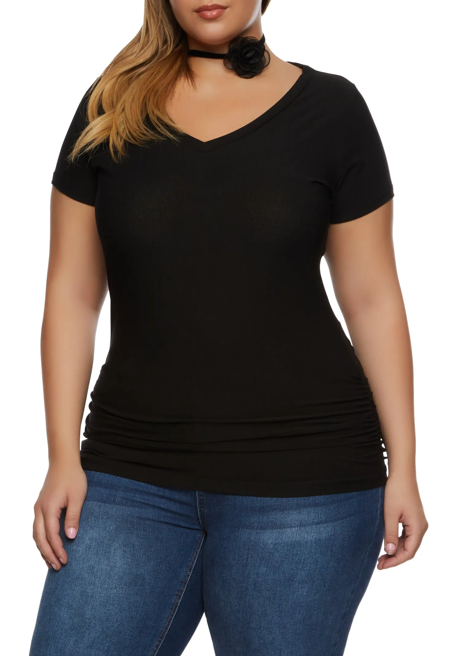 Plus Size Ruched Side V Neck T Shirt sold by Rainbow