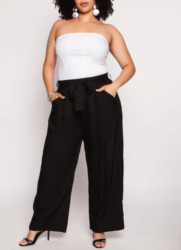 Plus Size Tie Waist Belted Palazzo Pants sold by Rainbow