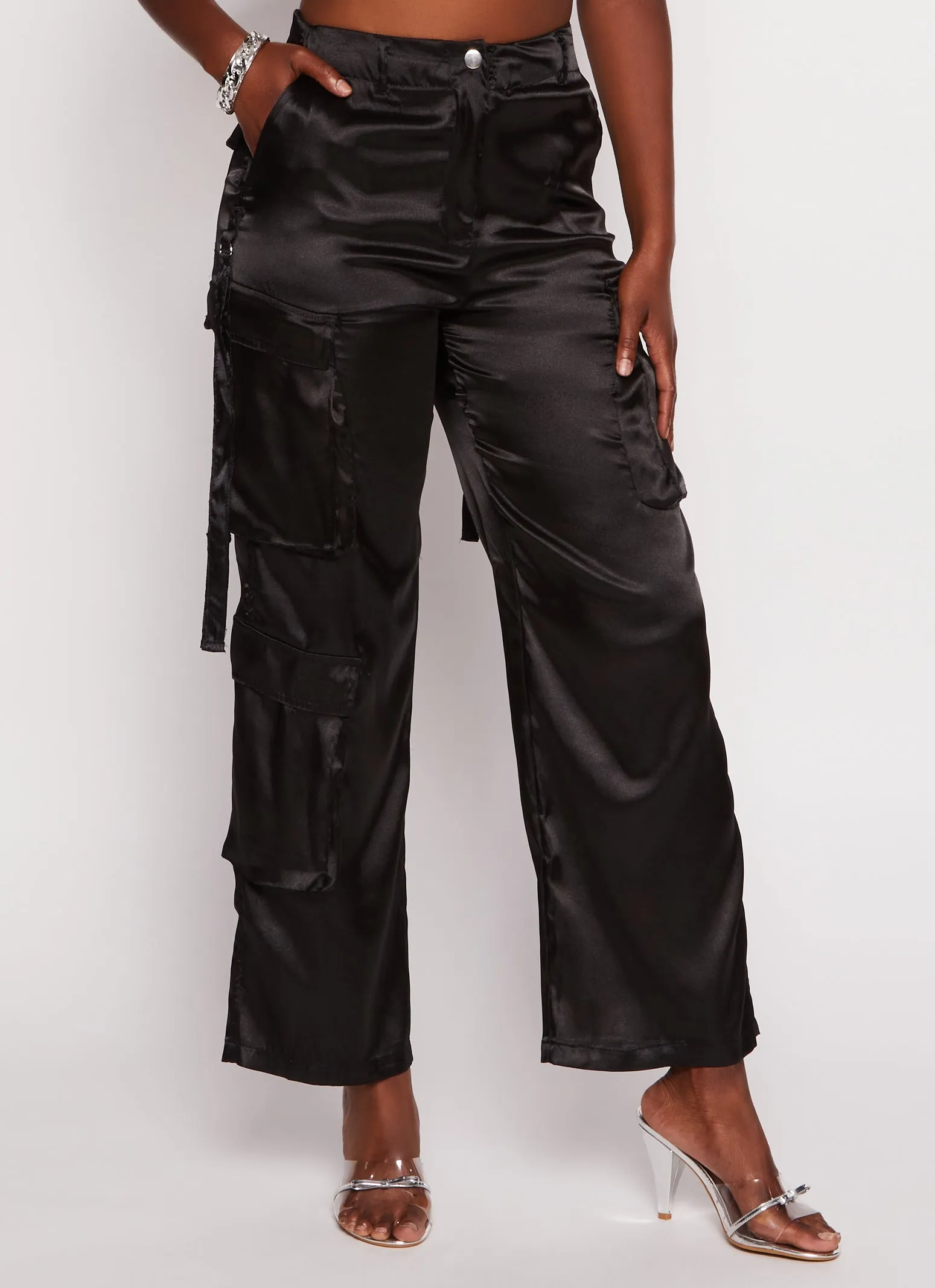 Satin High Waisted Wide Leg Cargo Pants sold by Rainbow product image thumbnail 2