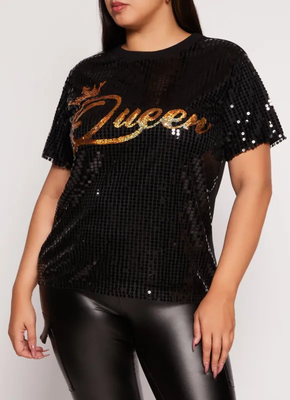 Plus Size Queen Sequin Graphic Tee sold by Rainbow