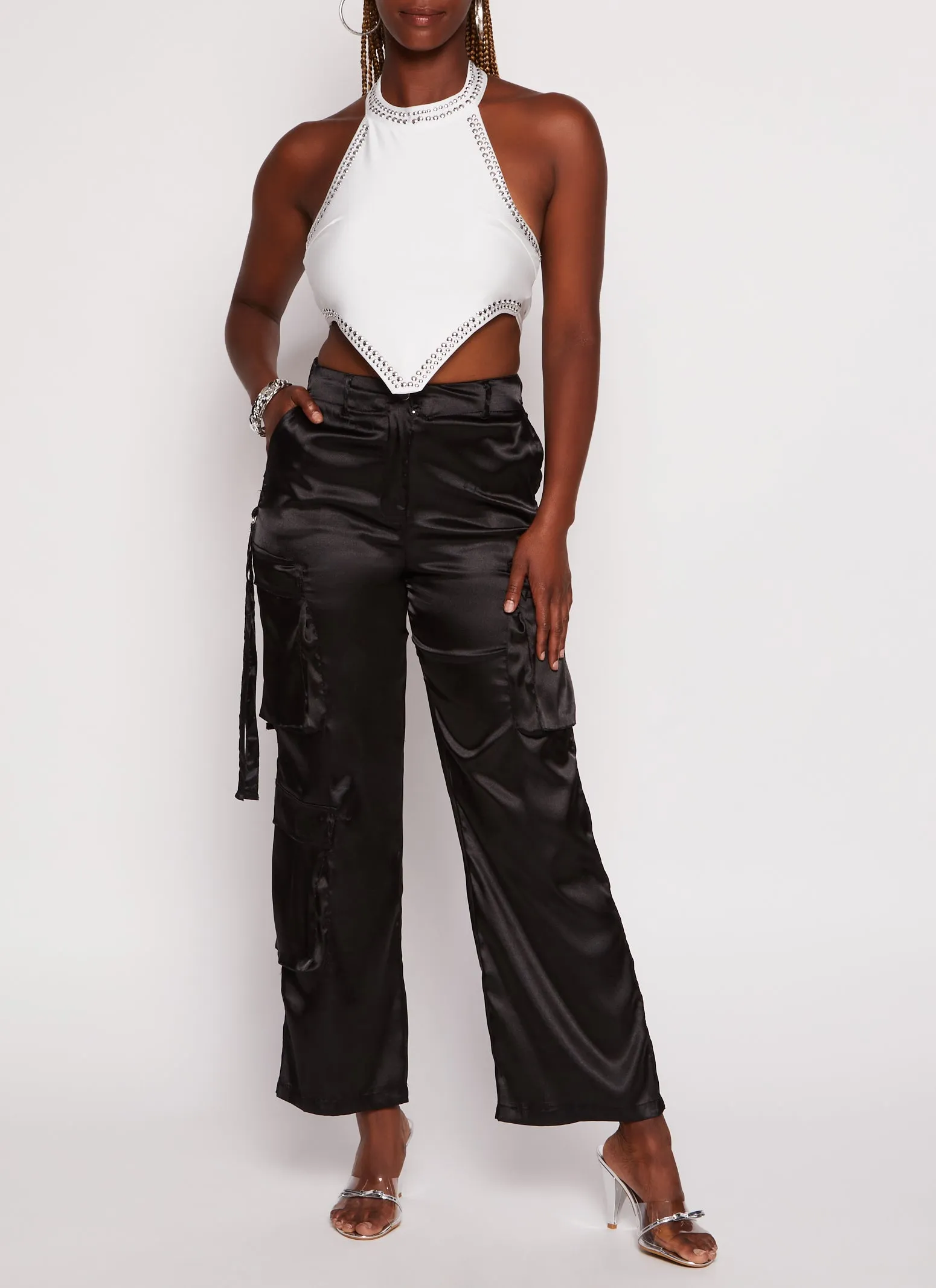 Satin High Waisted Wide Leg Cargo Pants sold by Rainbow