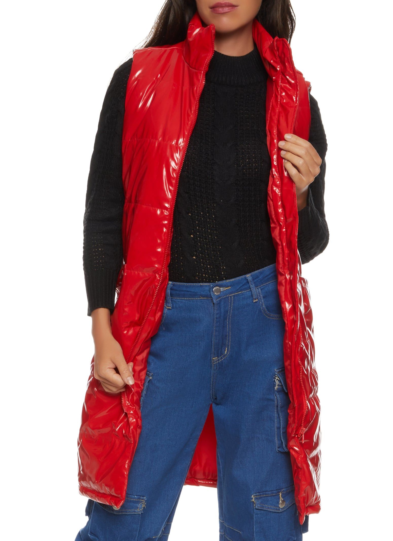 Faux Patent Leather Longline Puffer Vest sold by Rainbow