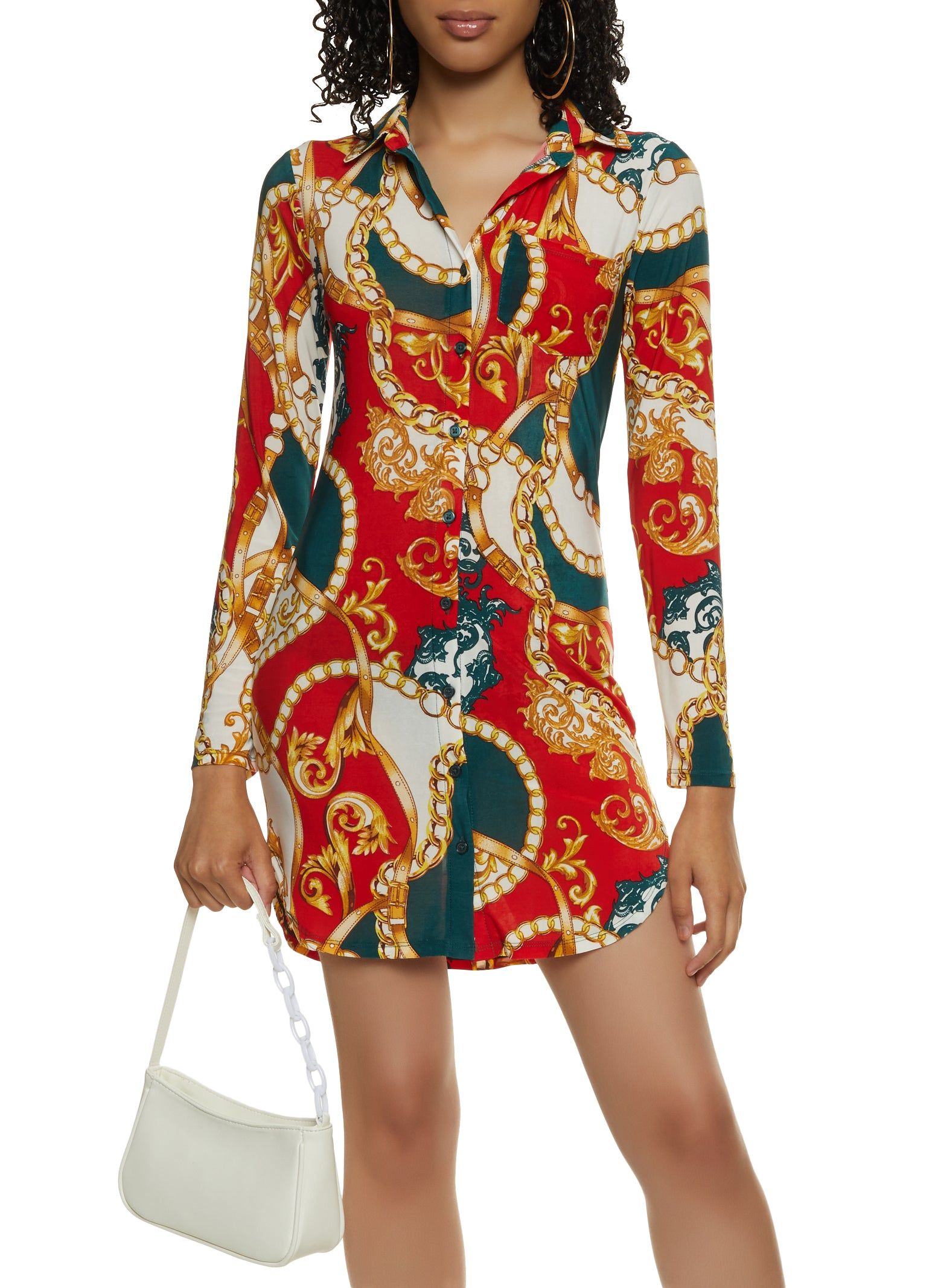 Abstract Chain Status Print Button Front Shirt Dress sold by Rainbow