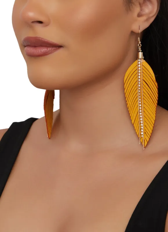 Rhinestone Faux Suede Leaf Drop Earrings sold by Rainbow