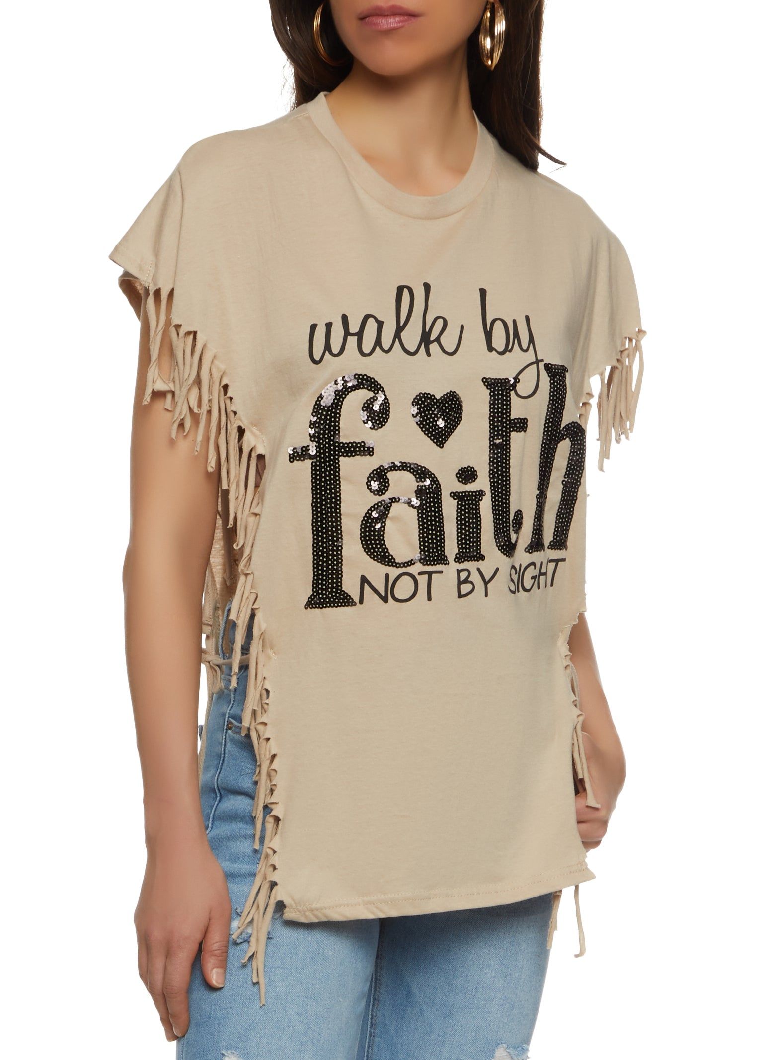 Walk By Faith Not By Sight Sequin Fringe Graphic Top sold by Rainbow