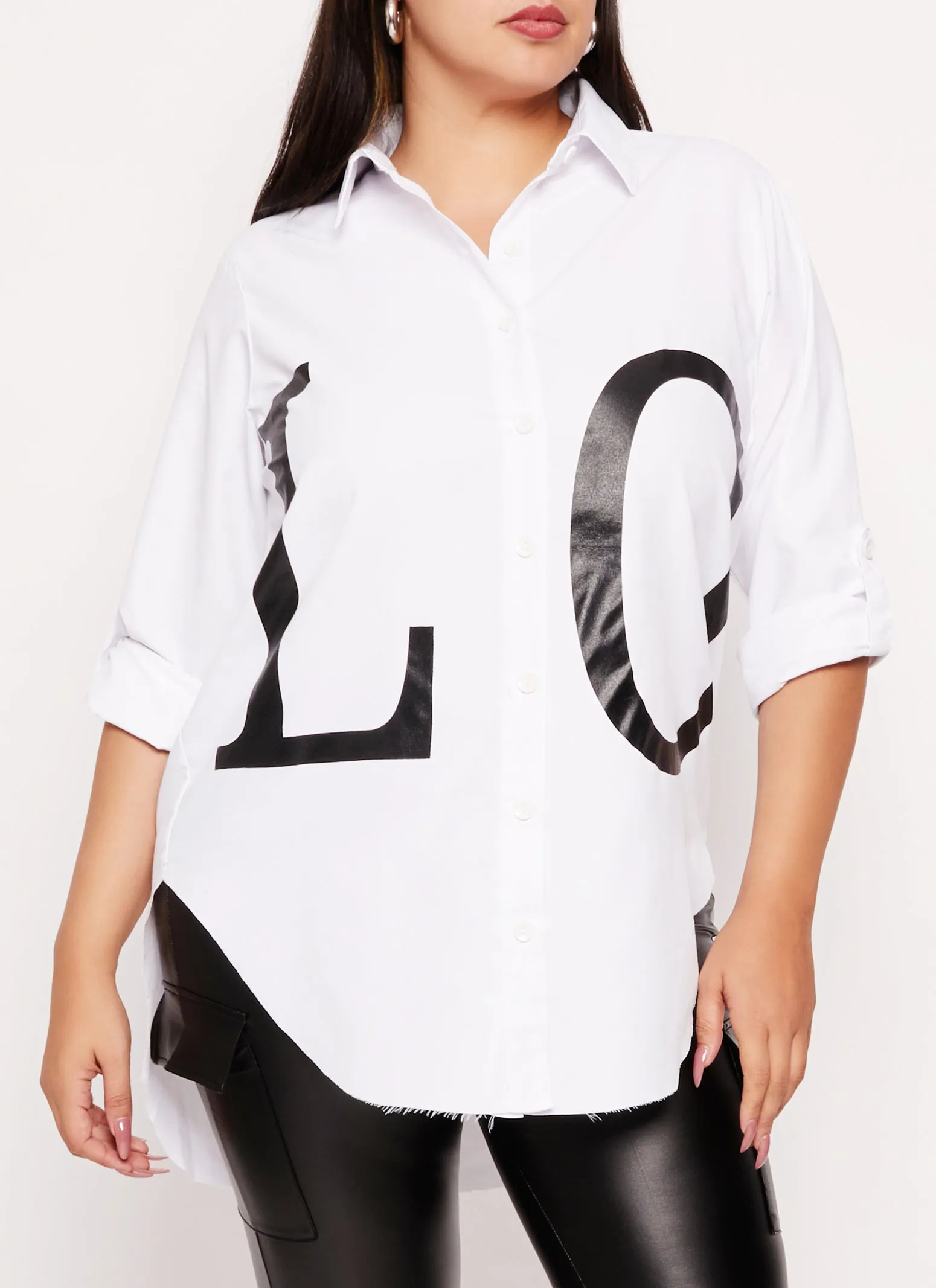 Plus Size Love Graphic Button Front Shirt sold by Rainbow