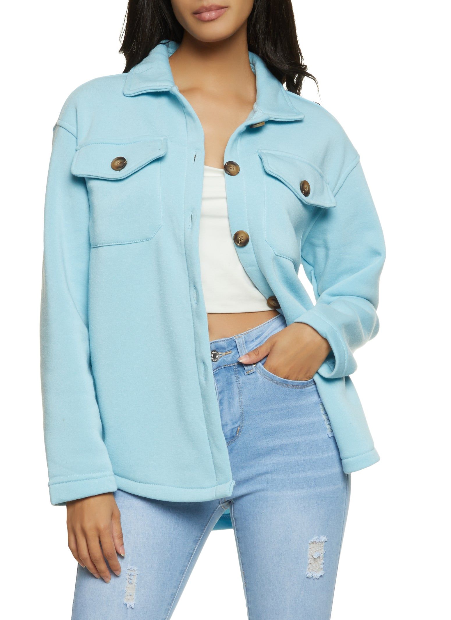 Fleece Button Front Shacket sold by Rainbow