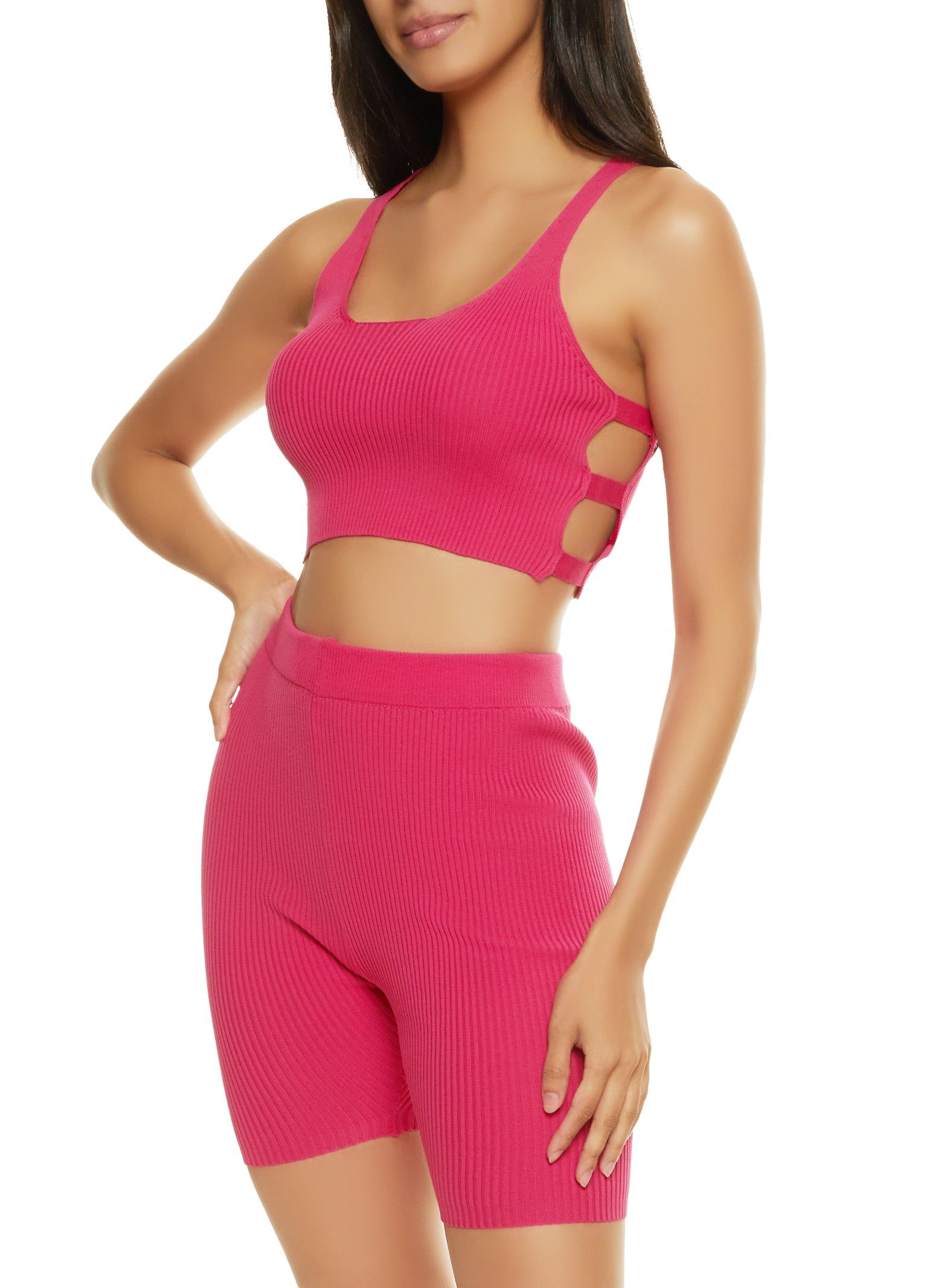 Rib Knit Cut Out Crop Top and Shorts Set sold by Rainbow