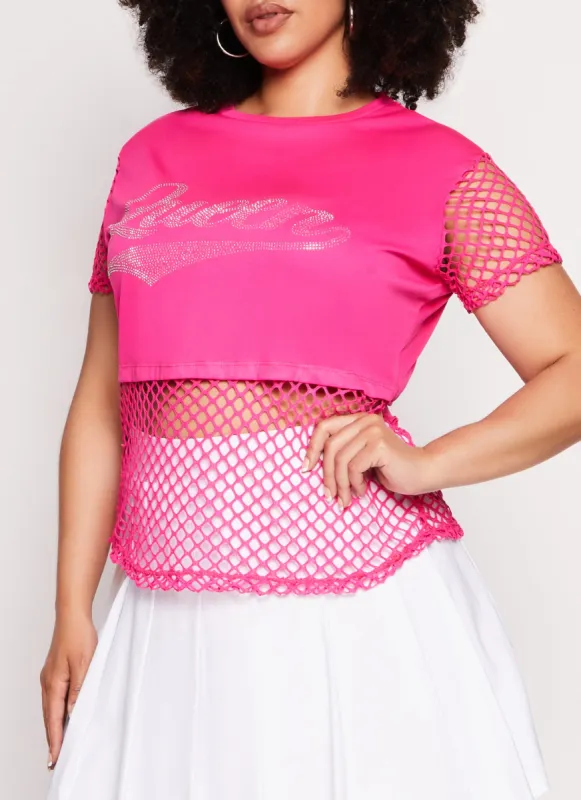 Plus Size Fishnet Queen Rhinestone Graphic Tee sold by Rainbow