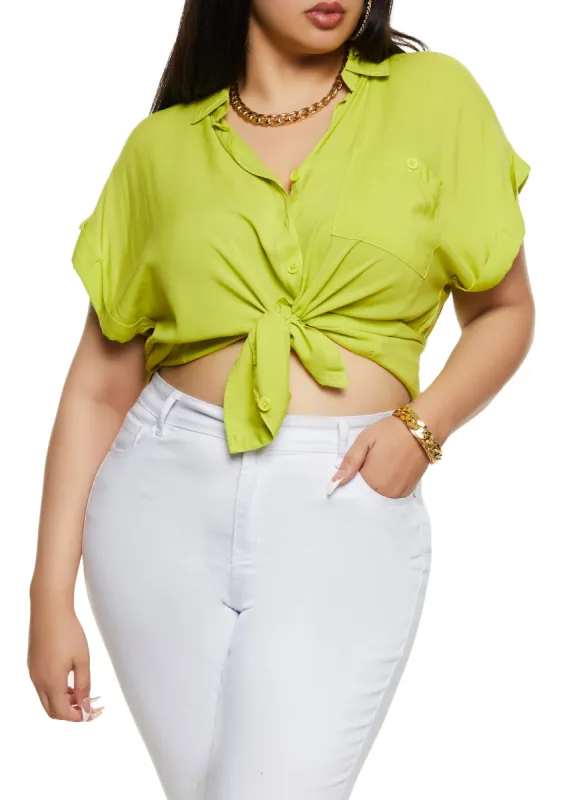 Plus Size Button Front Cuffed Sleeve Shirt sold by Rainbow