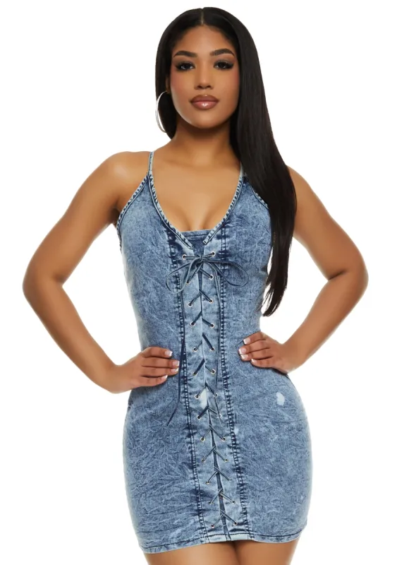 Acid Wash Lace Up Denim Dress sold by Rainbow