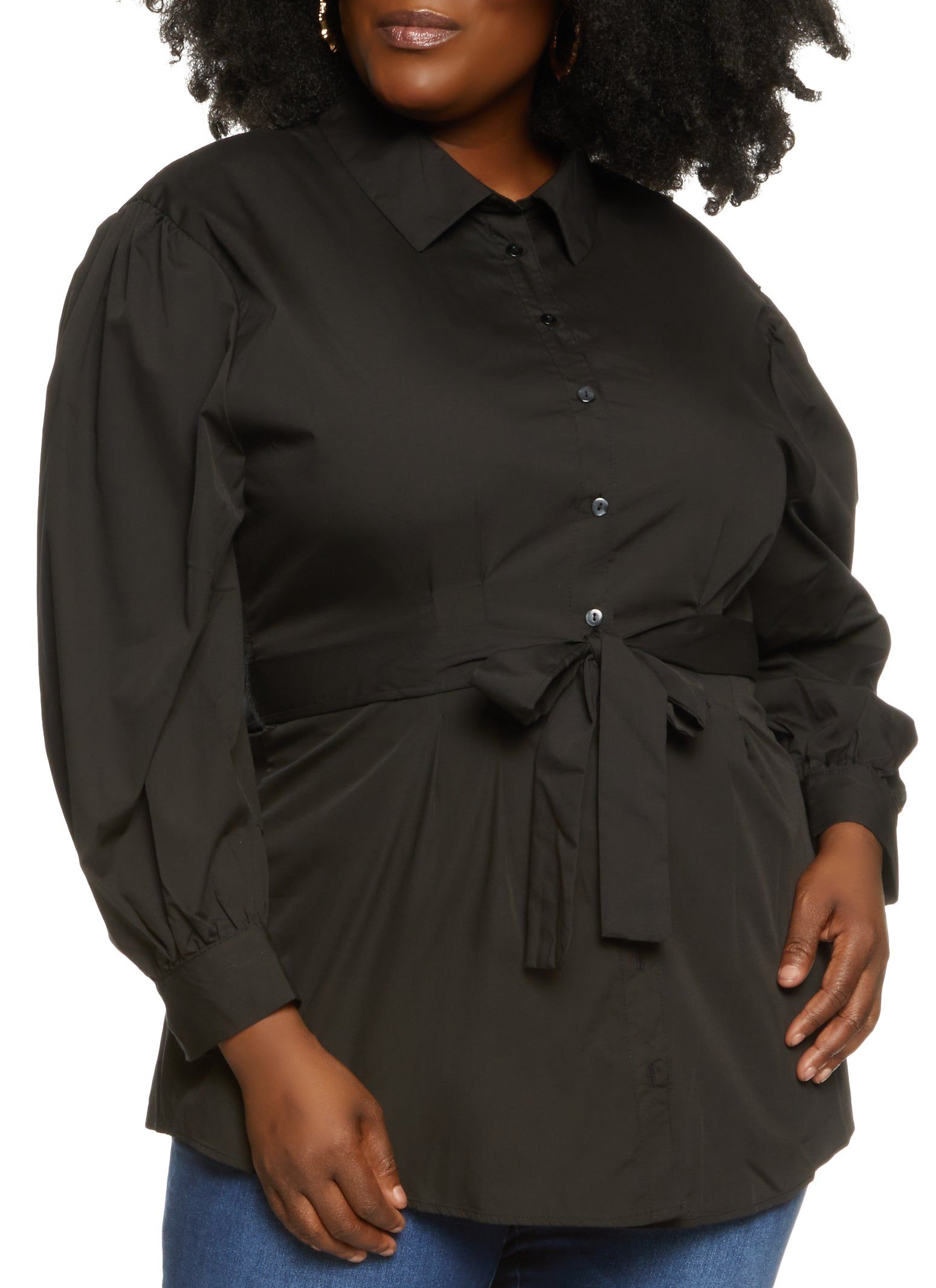 Plus Size Poplin Button Front Tie Waist Shirt sold by Rainbow