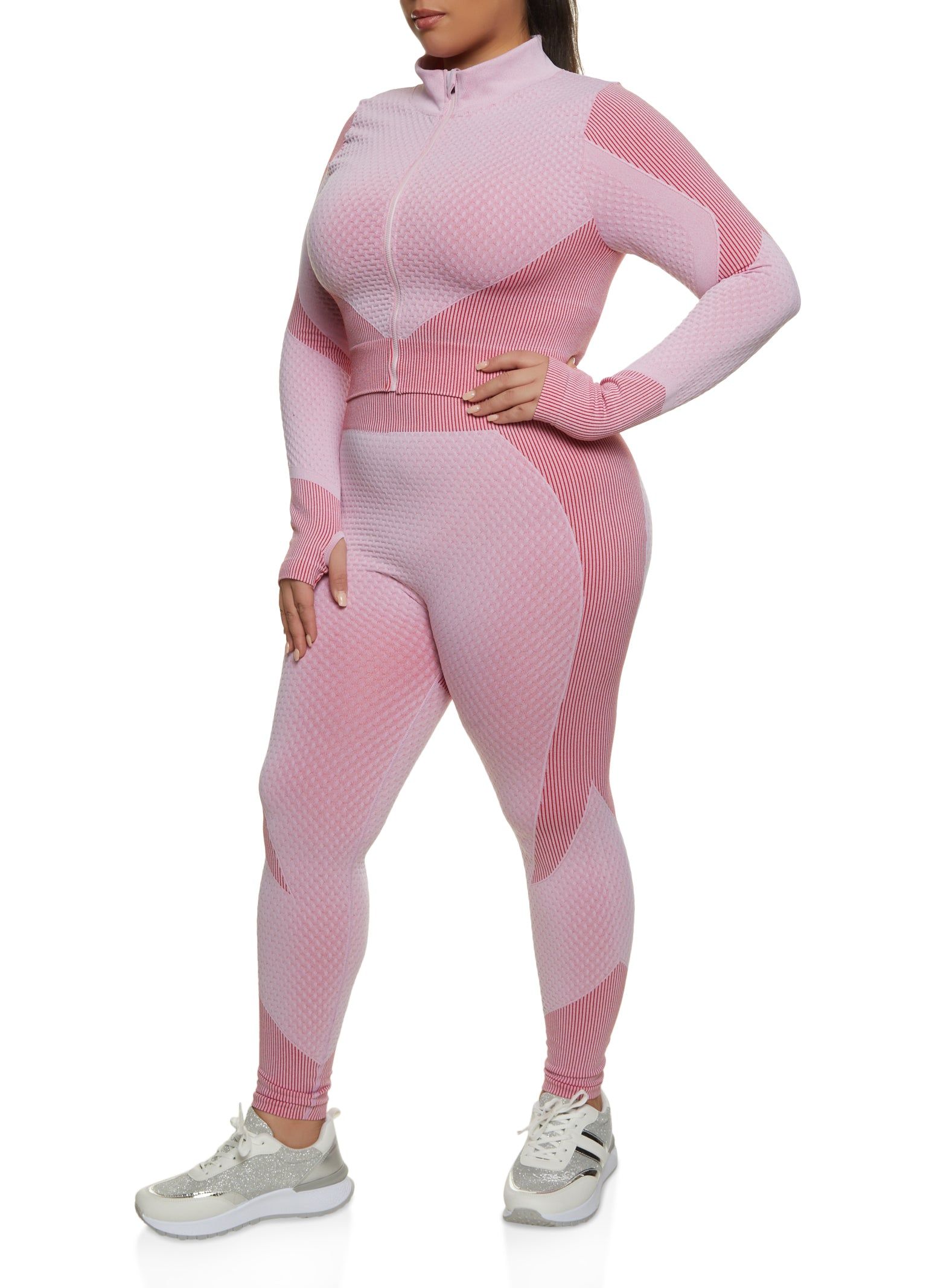 Plus Size Seamless Striped Detail Waffle Knit Track Jacket sold by Rainbow product image thumbnail 2