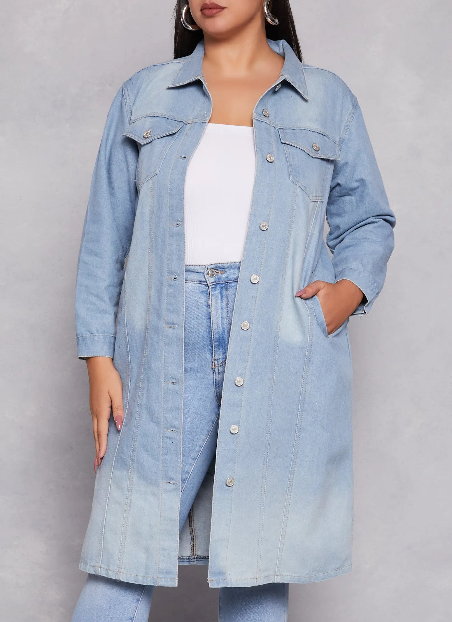 Plus Size Light Wash Longline Jean Jacket sold by Rainbow