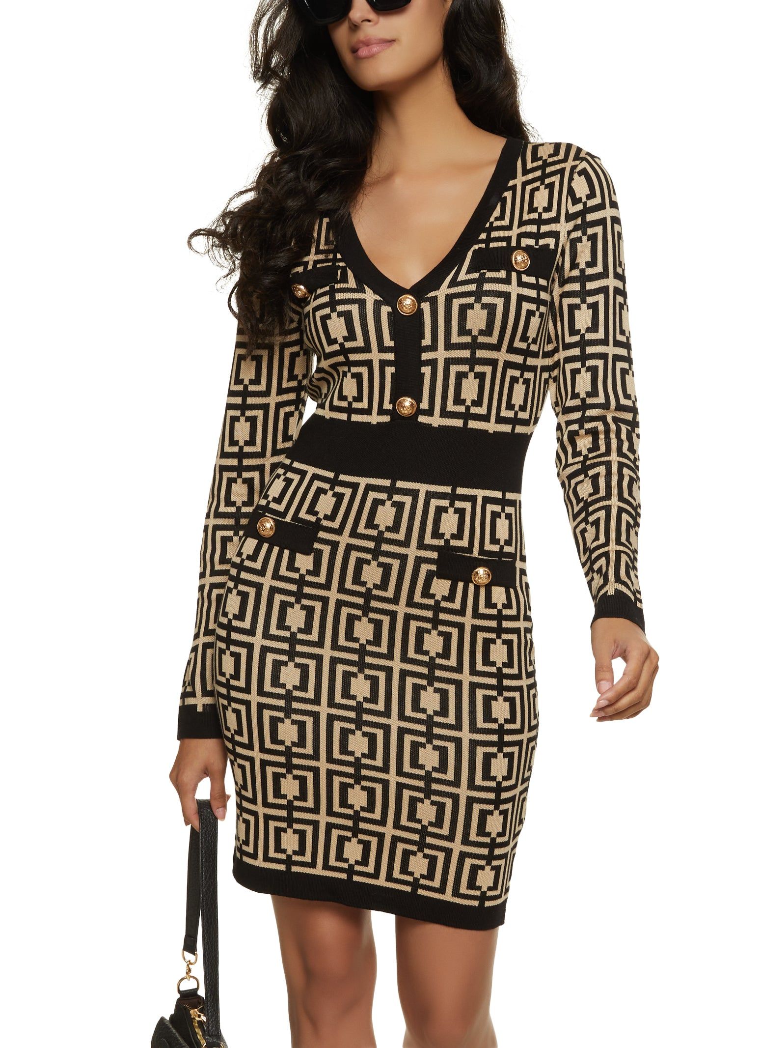 Geometric Print Faux Button Midi Dress sold by Rainbow