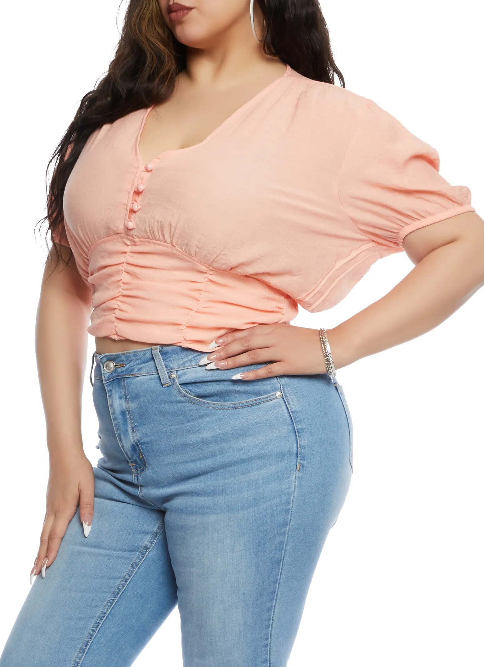 Plus Size Gauze Knit V Neck Ruched Peasant Top sold by Rainbow product image thumbnail 2