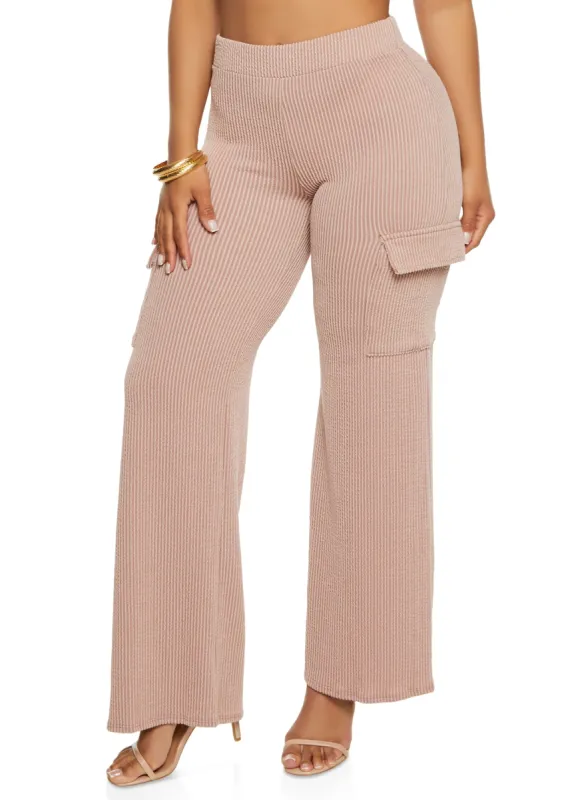 Ribbed High Waist Cargo Pocket Wide Leg Pants sold by Rainbow