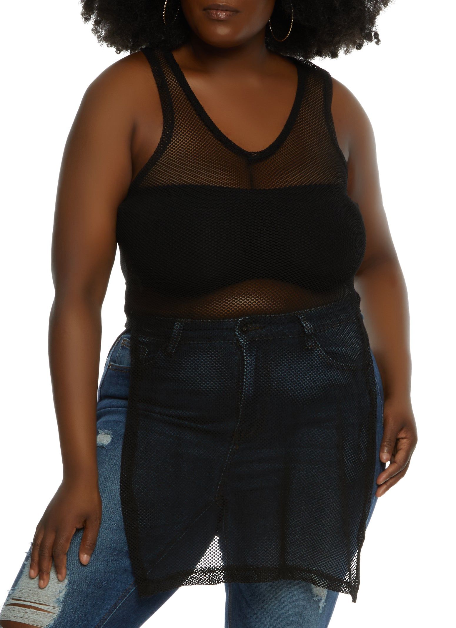 Plus Size Fishnet Side Slit Tank Top sold by Rainbow