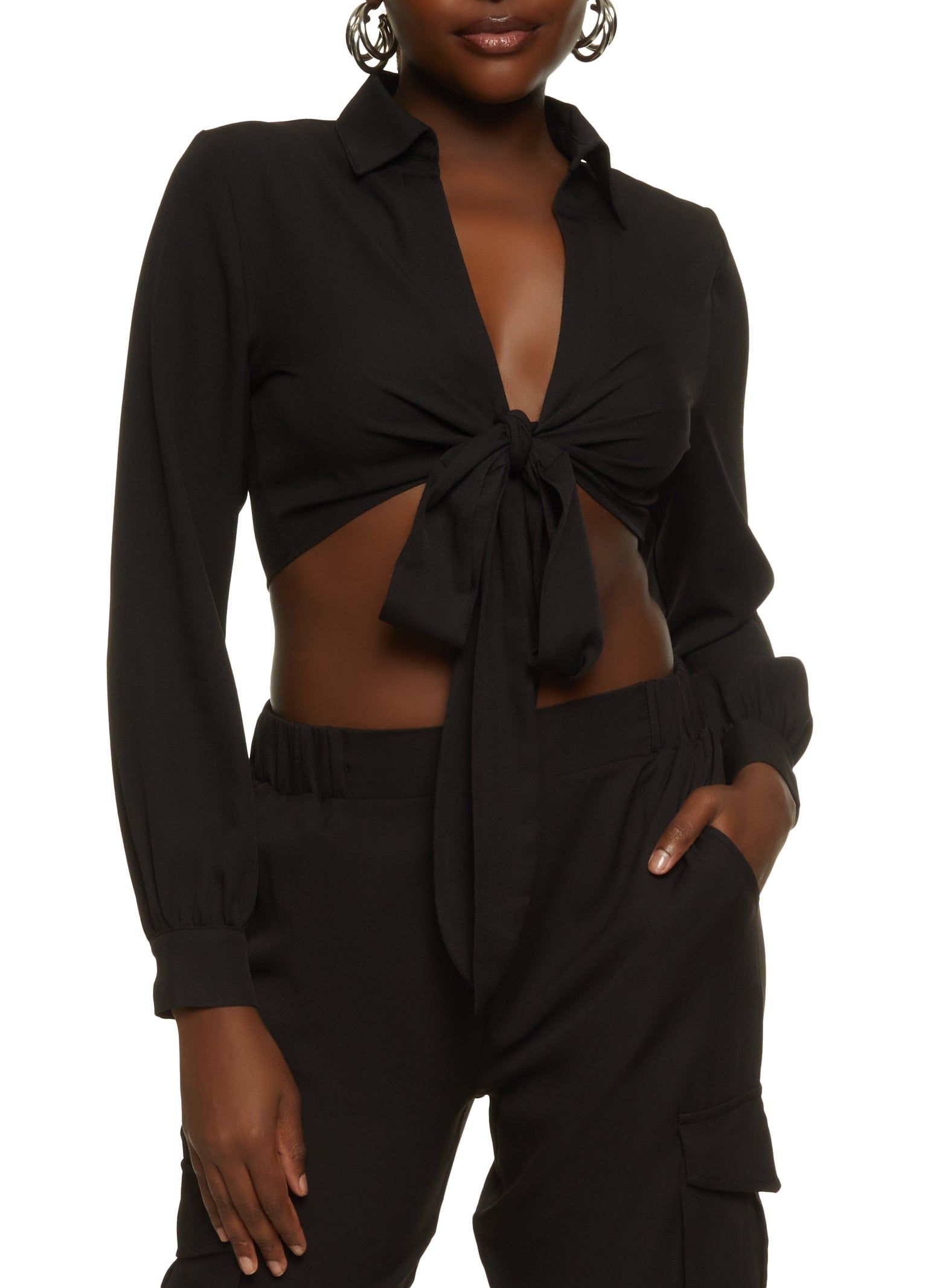 Crepe Knit Tie Front Crop Top sold by Rainbow