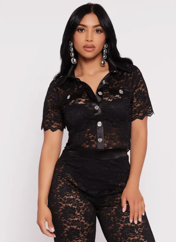 Floral Lace Button Front Crop Top sold by Rainbow