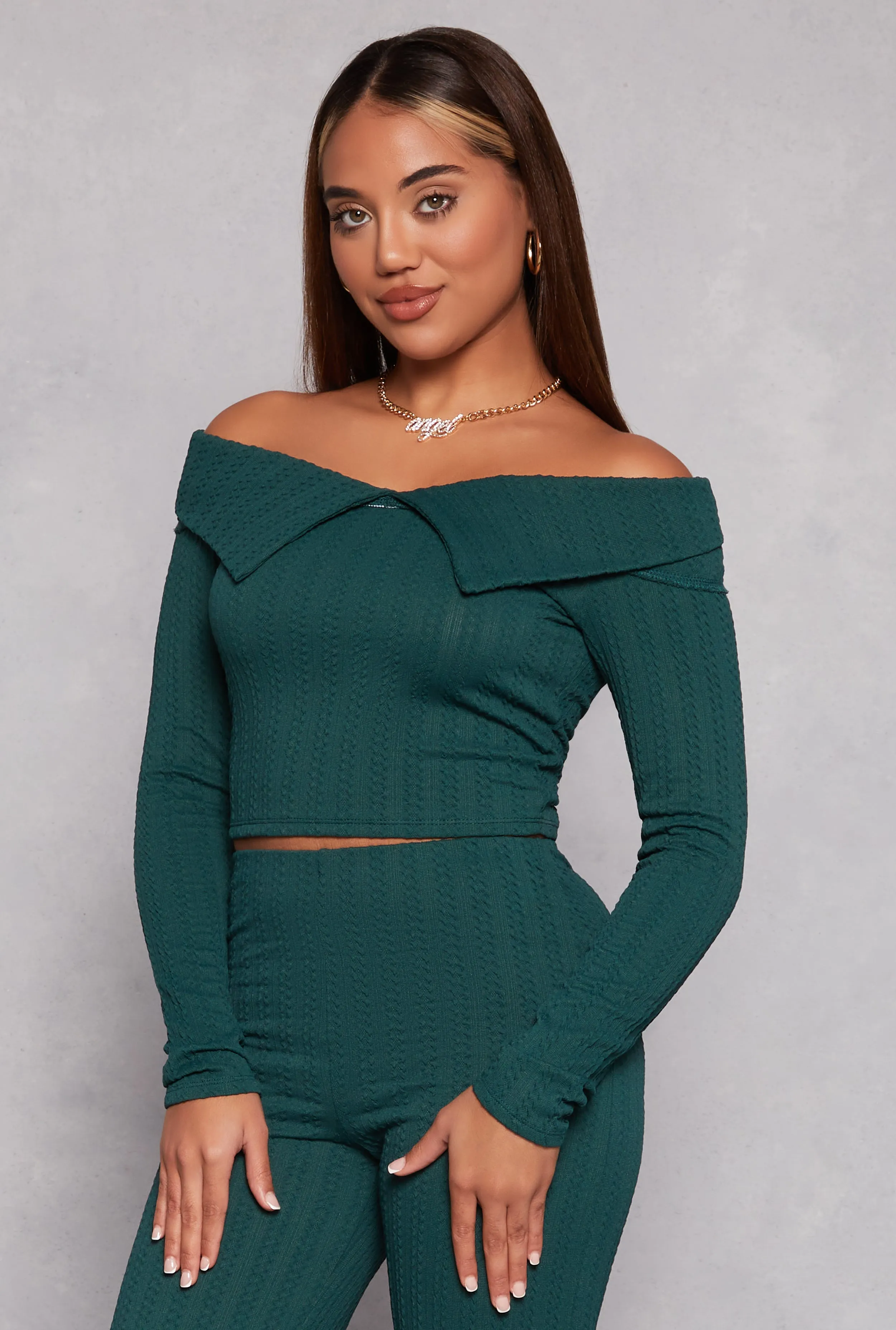 Textured Knit Off the Shoulder Long Sleeve Top sold by Rainbow