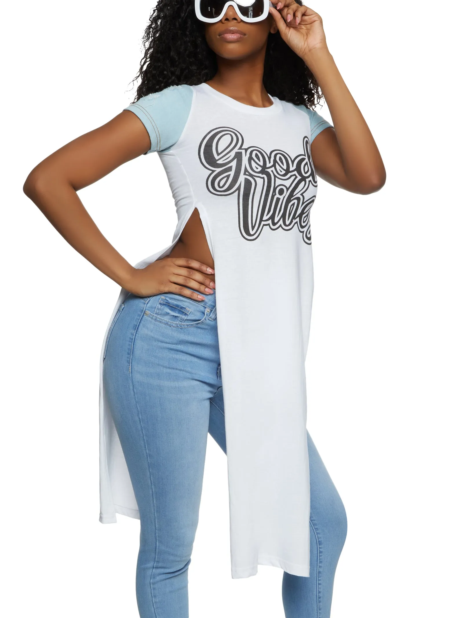 Distressed Denim Sleeve Good Vibes Graphic Maxi Tee sold by Rainbow