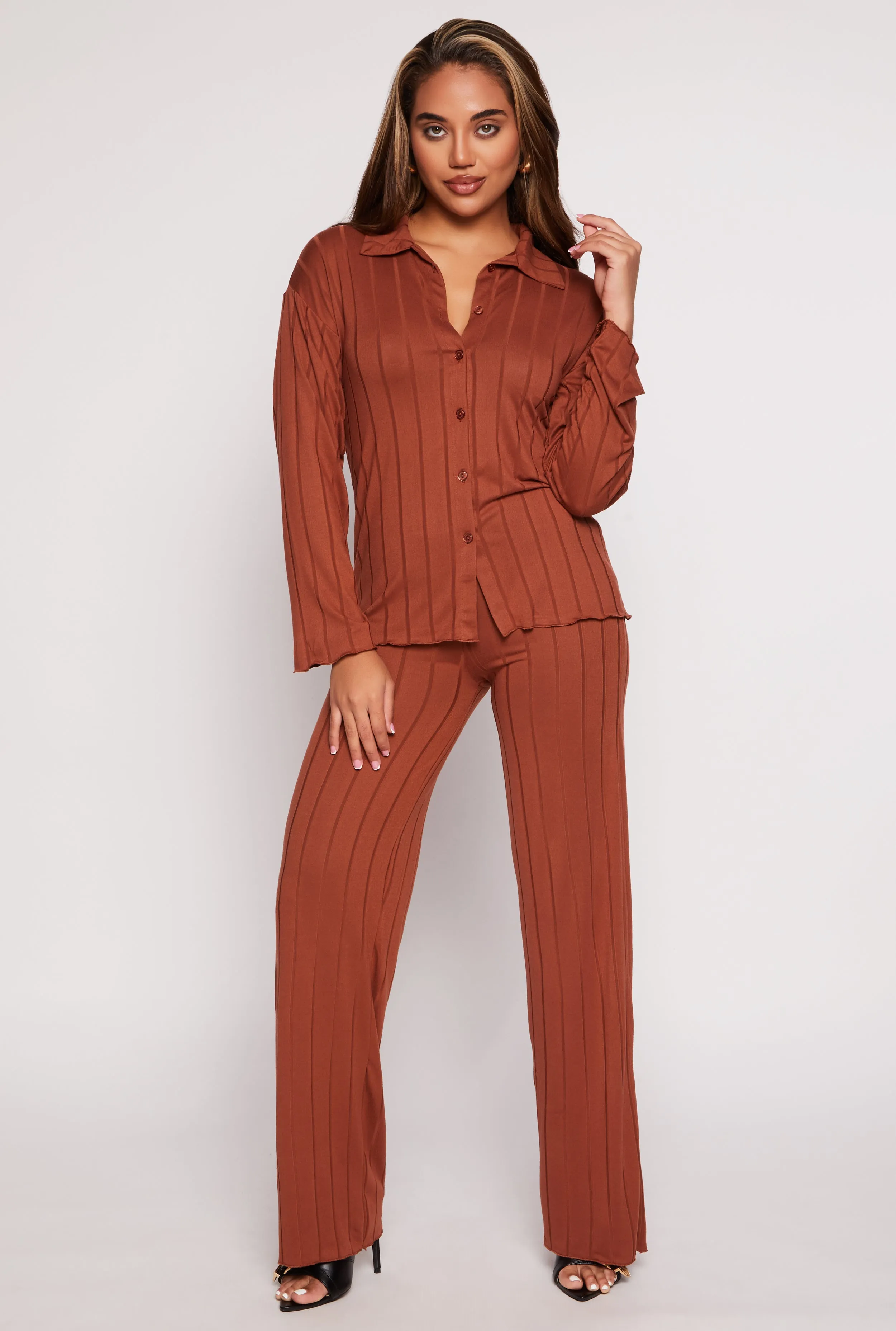 Ribbed High Waisted Wide Leg Pants sold by Rainbow