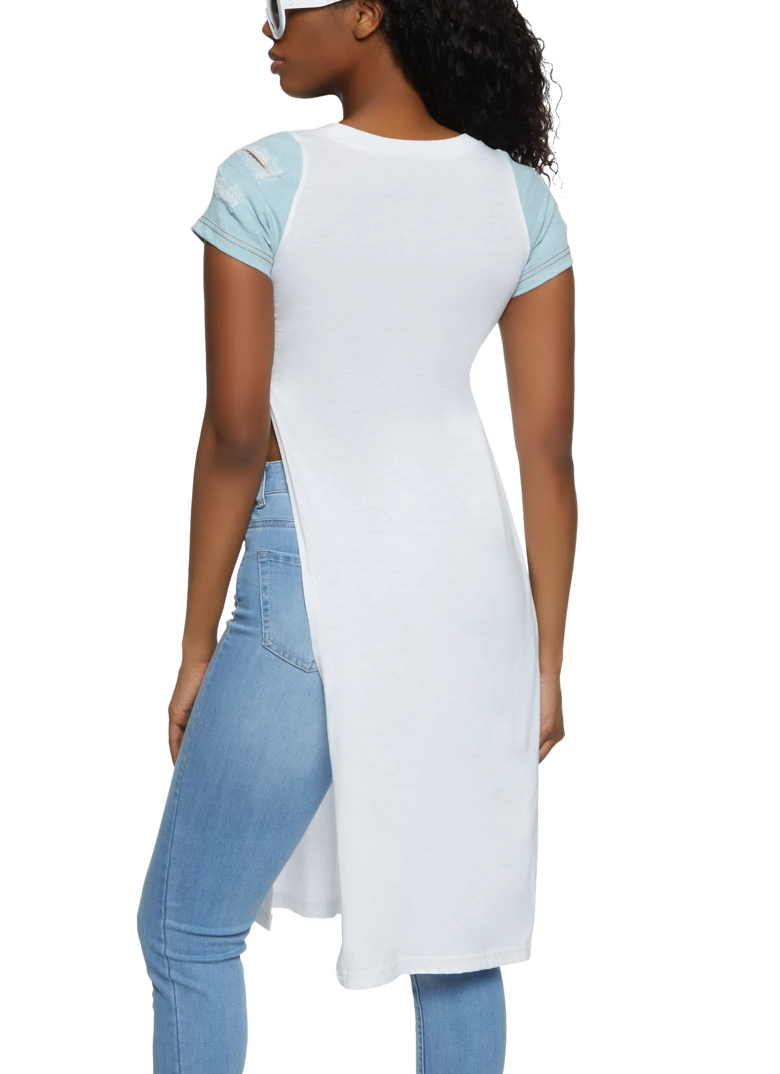 Distressed Denim Sleeve Good Vibes Graphic Maxi Tee sold by Rainbow product image thumbnail 2