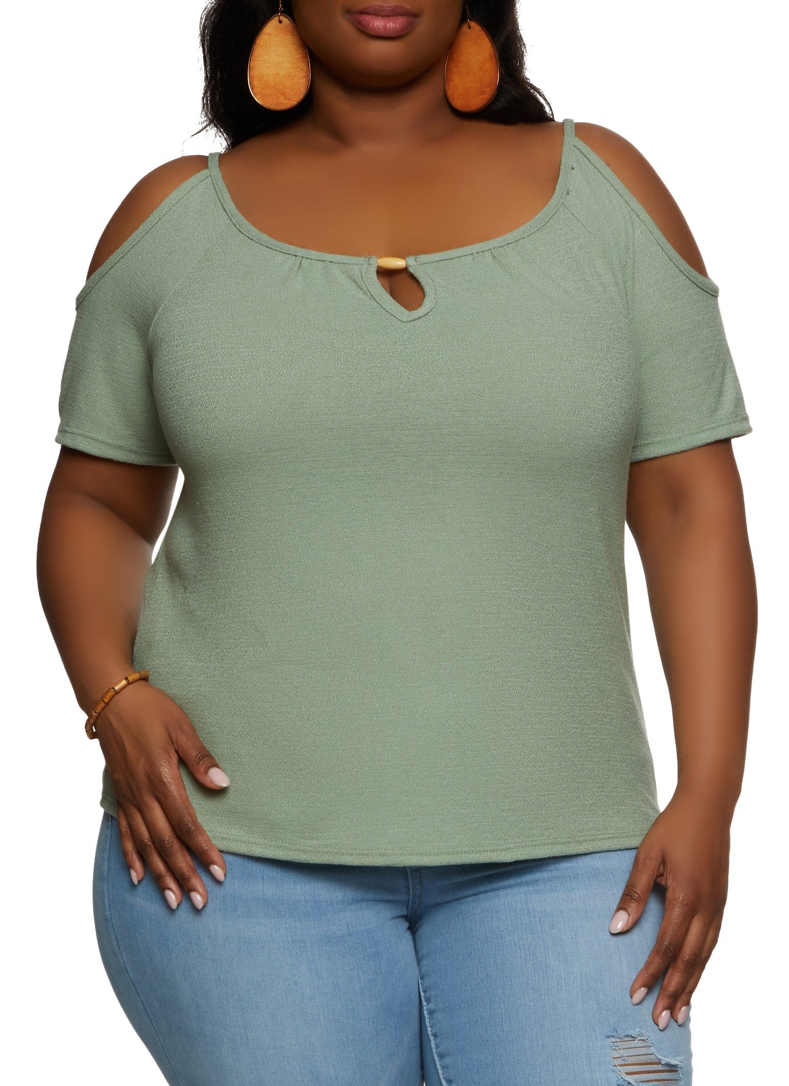 Plus Size Keyhole Detail Cold Shoulder Blouse sold by Rainbow