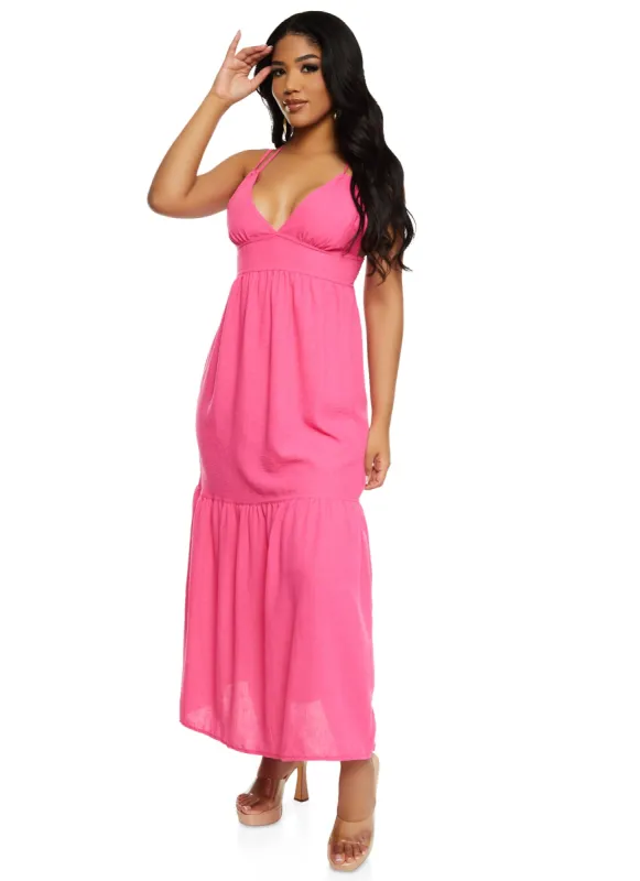 Haute Monde Linen Plunge Tiered Maxi Dress sold by Rainbow