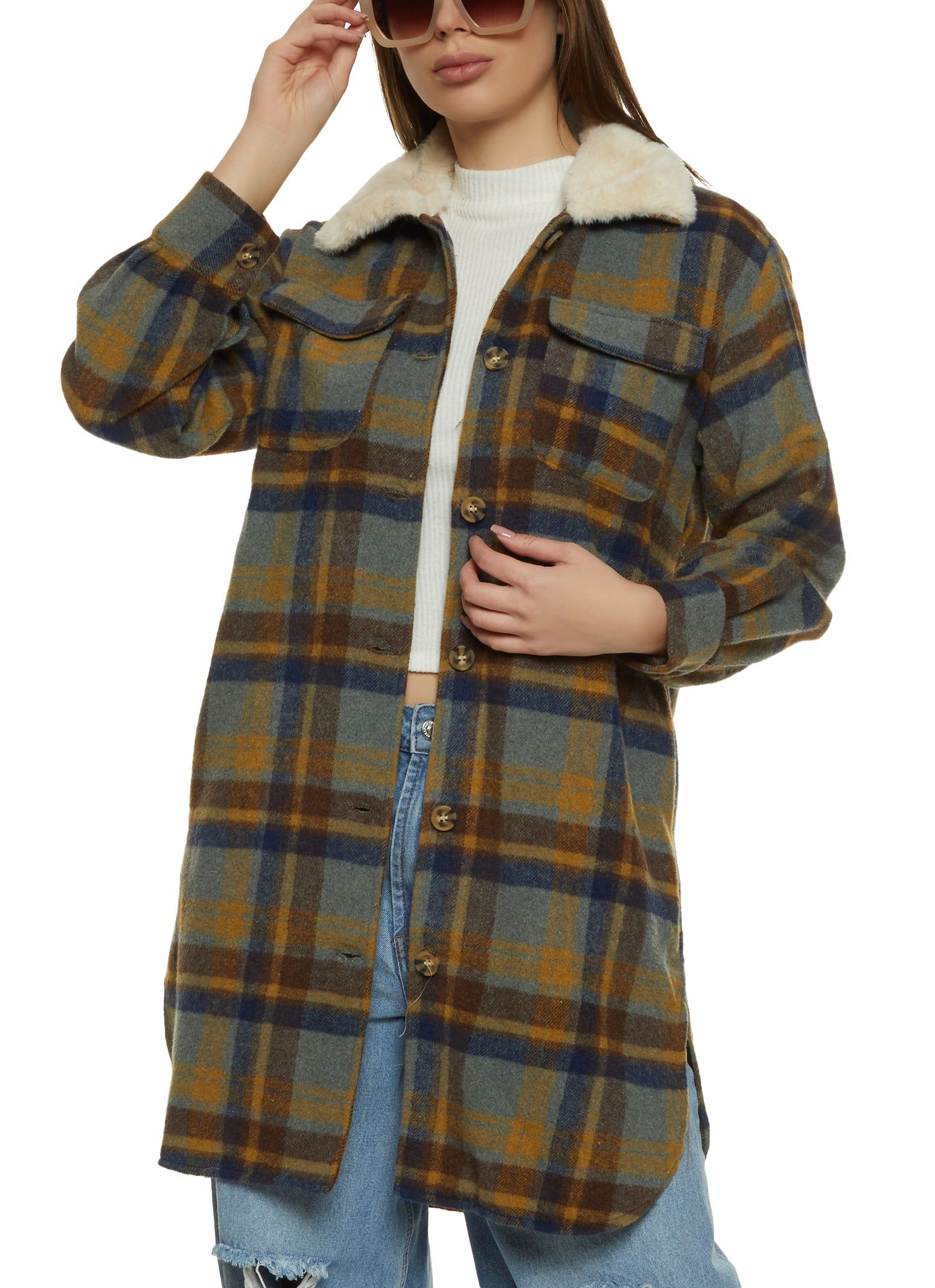 Faux Fur Collar Plaid Shacket sold by Rainbow