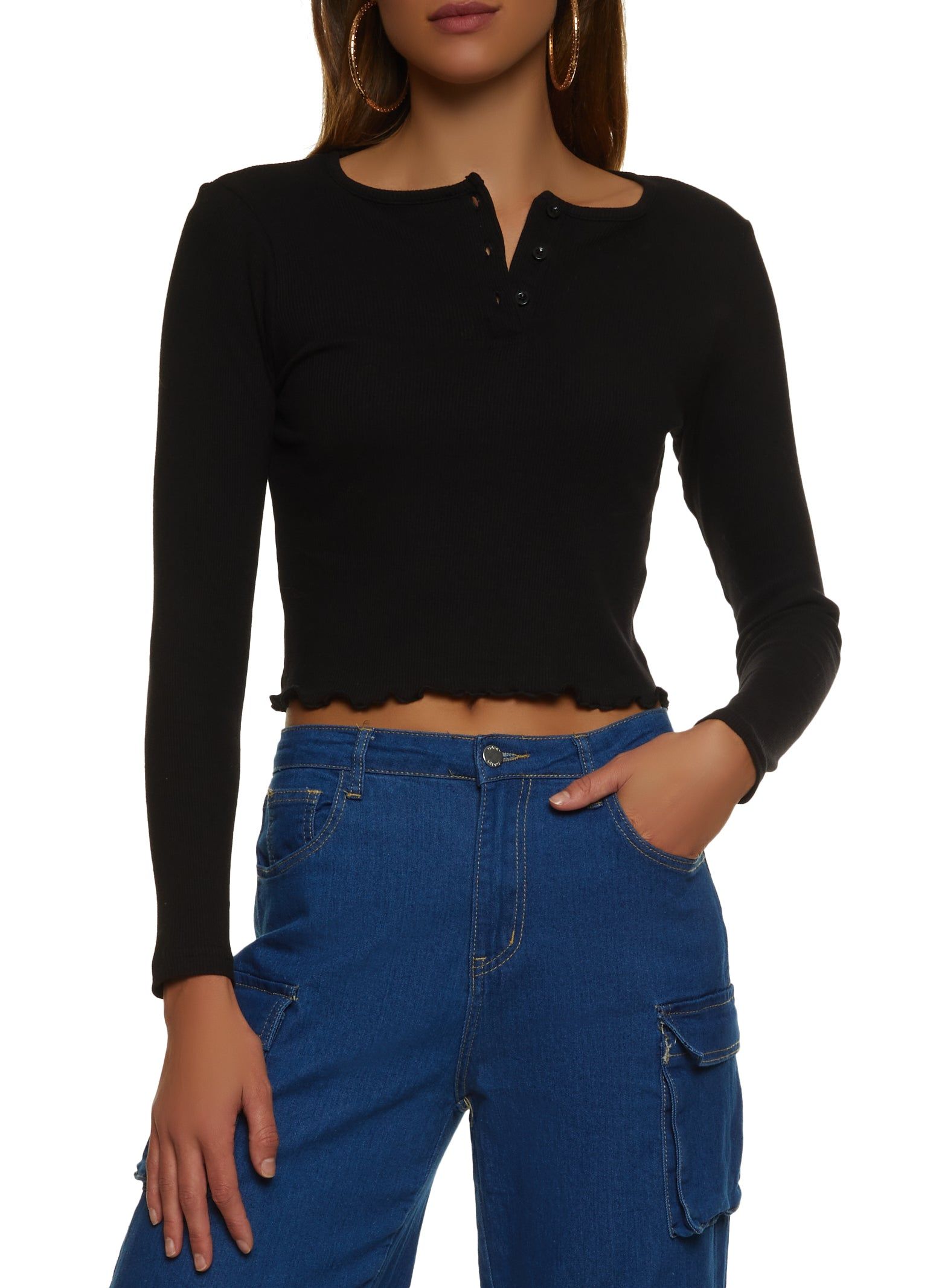 Ribbed Lettuce Edge Henley Top sold by Rainbow