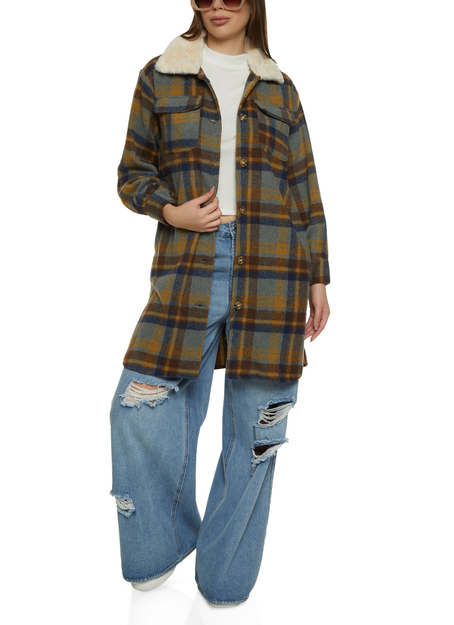 Faux Fur Collar Plaid Shacket sold by Rainbow product image thumbnail 2