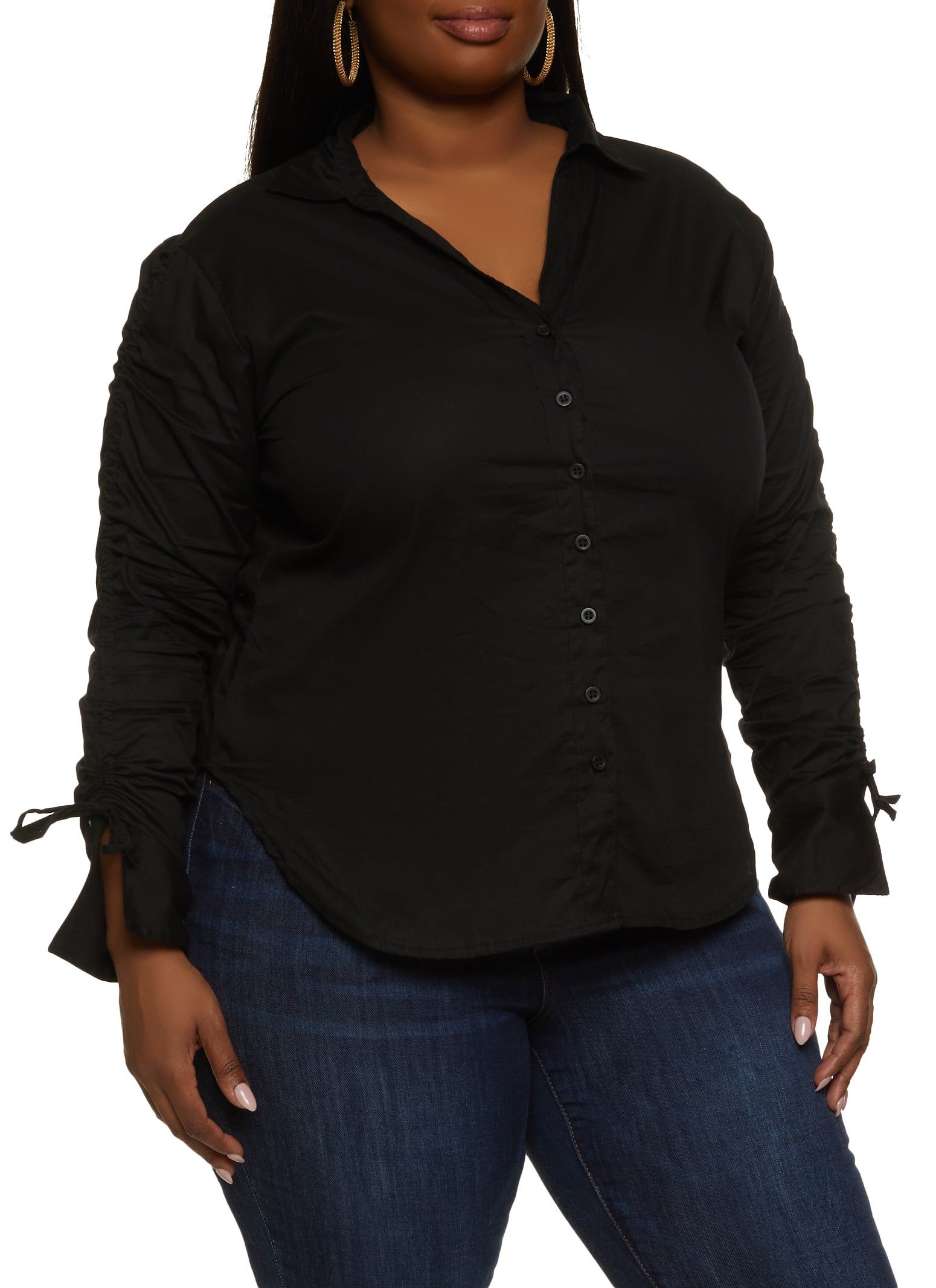 Plus Size Ruched Sleeve Button Front Shirt sold by Rainbow