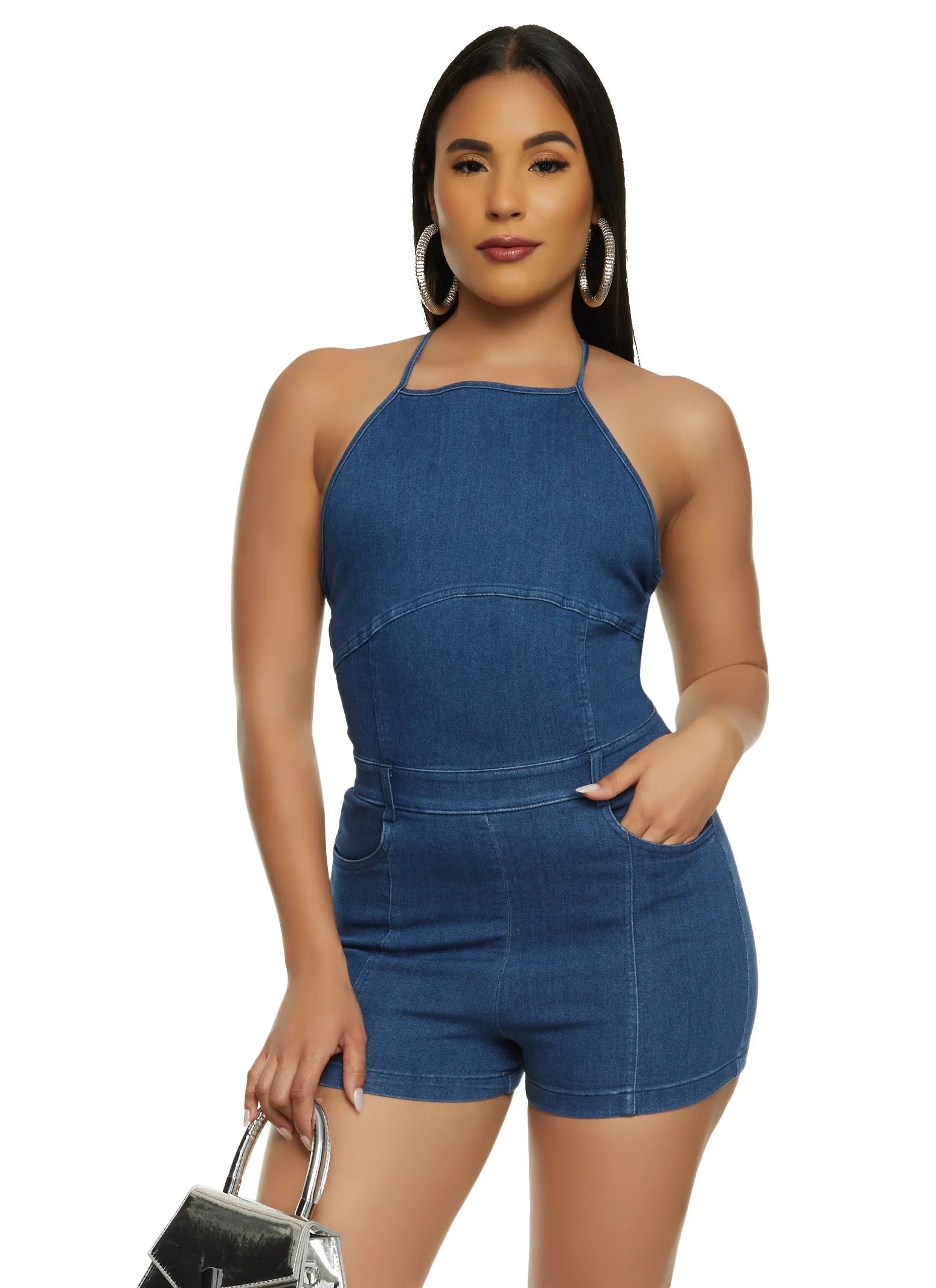 Sleeveless Halter Denim Romper sold by Rainbow