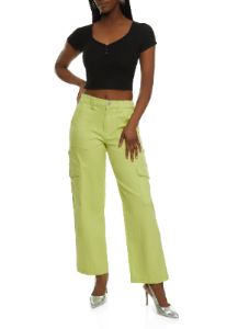 Twill High Waist Wide Leg Cargo Pants sold by Rainbow