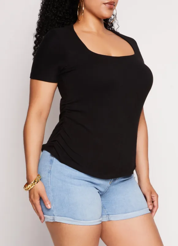 Plus Size Square Neck Ruched Side Tee sold by Rainbow