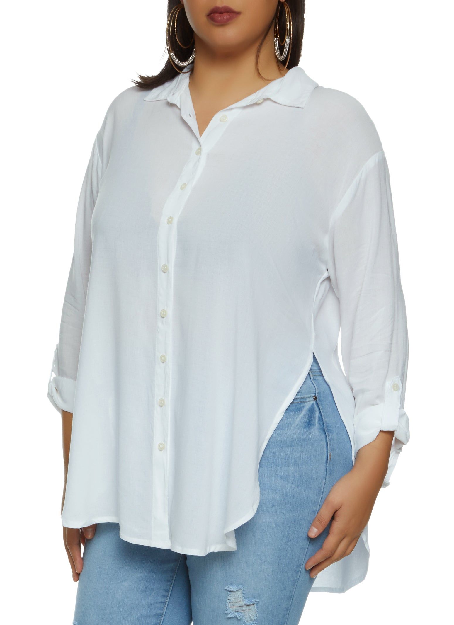Plus Size Solid Button Front Tunic Shirt sold by Rainbow