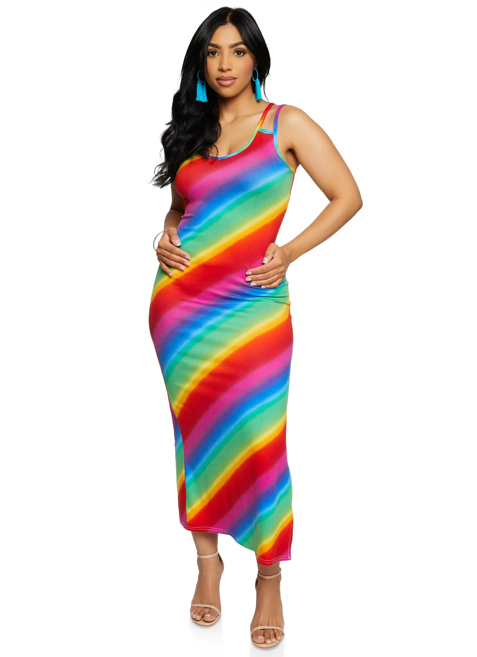 Rainbow Striped Double Strap Maxi Tank Dress sold by Rainbow