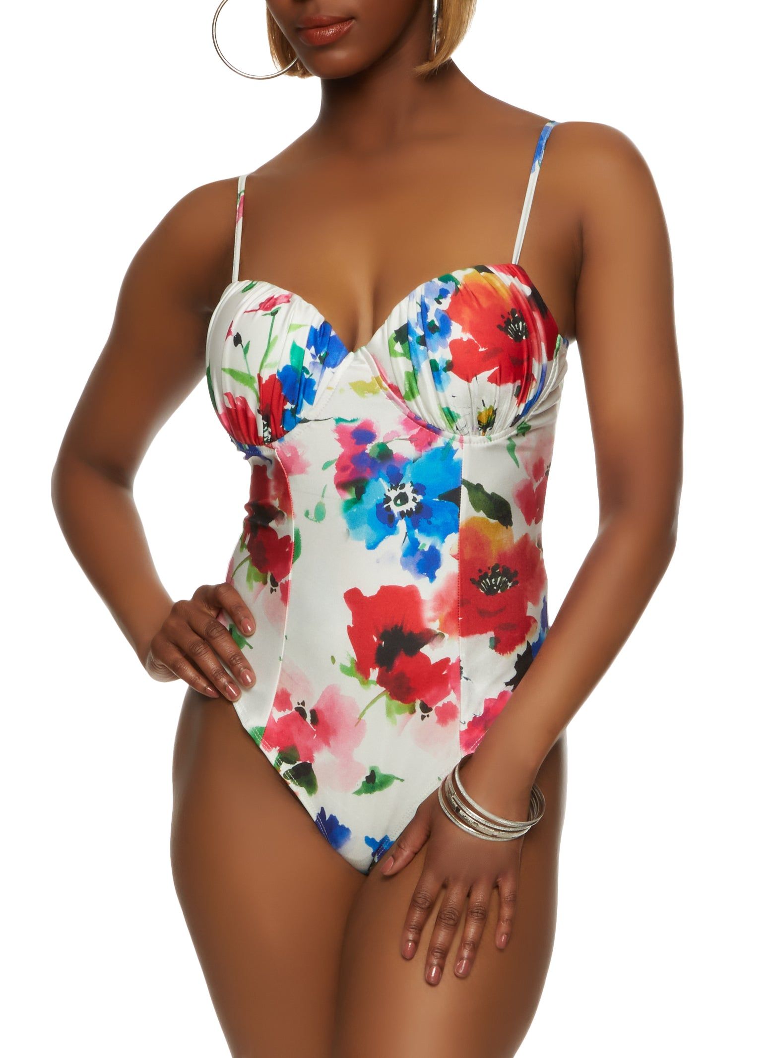 Satin Floral Print Ruched Bustier Bodysuit sold by Rainbow